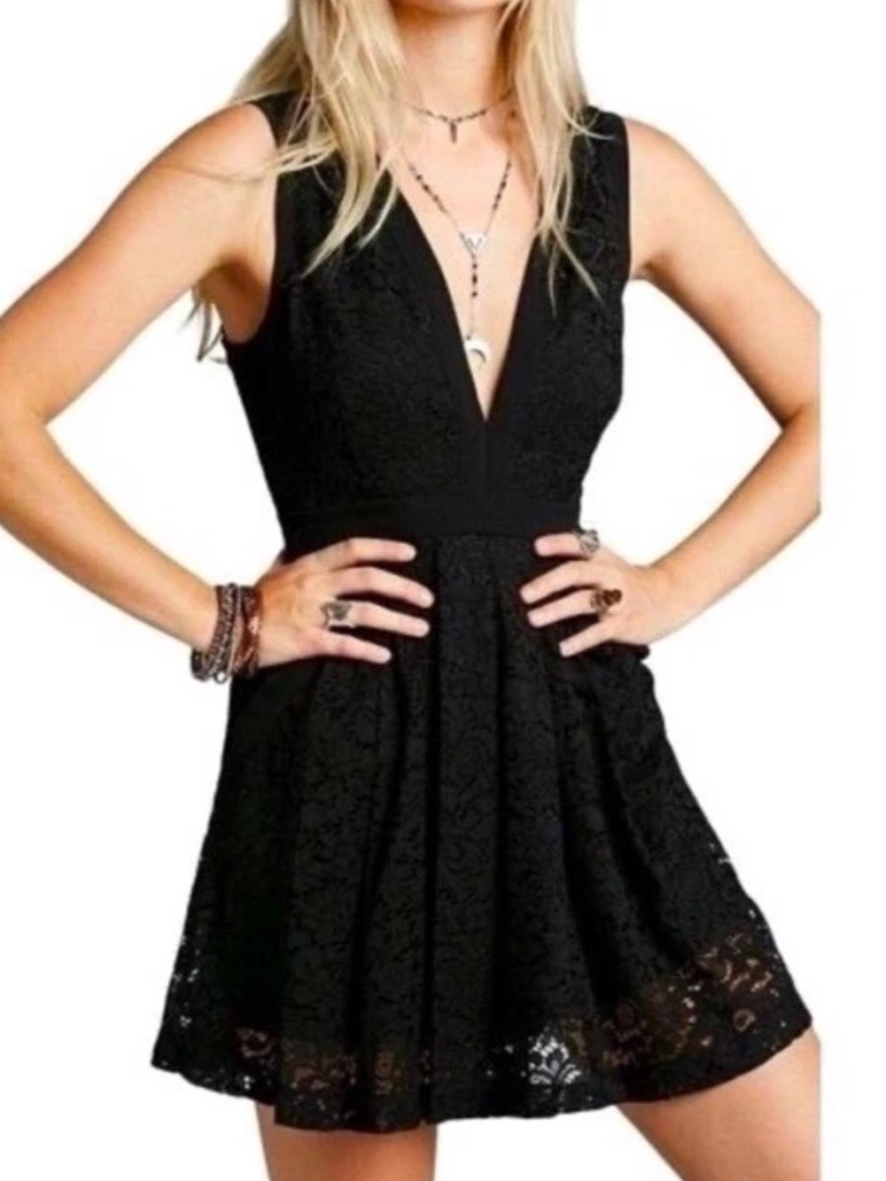 FREE PEOPLE Lovely In Lace Black Mini Dress keyhole back detail and pockets Sz S